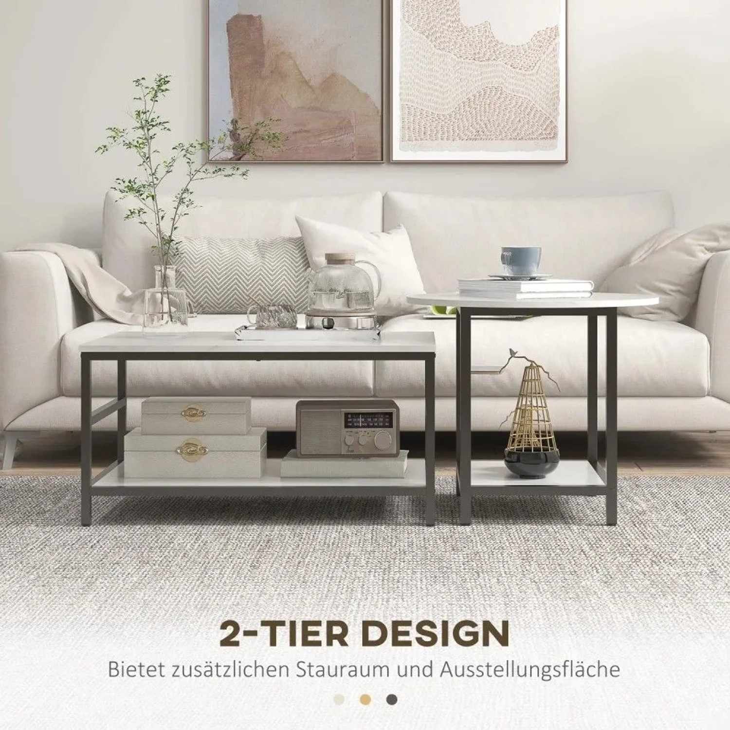 Zwei HOMCOM Couchtische mit weißer Marmoroptik-Platte und schwarzem Stahlgestell. Rechteckig und rund, mit Ablage.