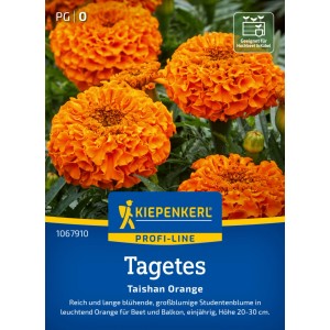 Kiepenkerl Tagetes Taishan Orange F1: Saatgutpackung mit leuchtend orangen Studentenblumen.