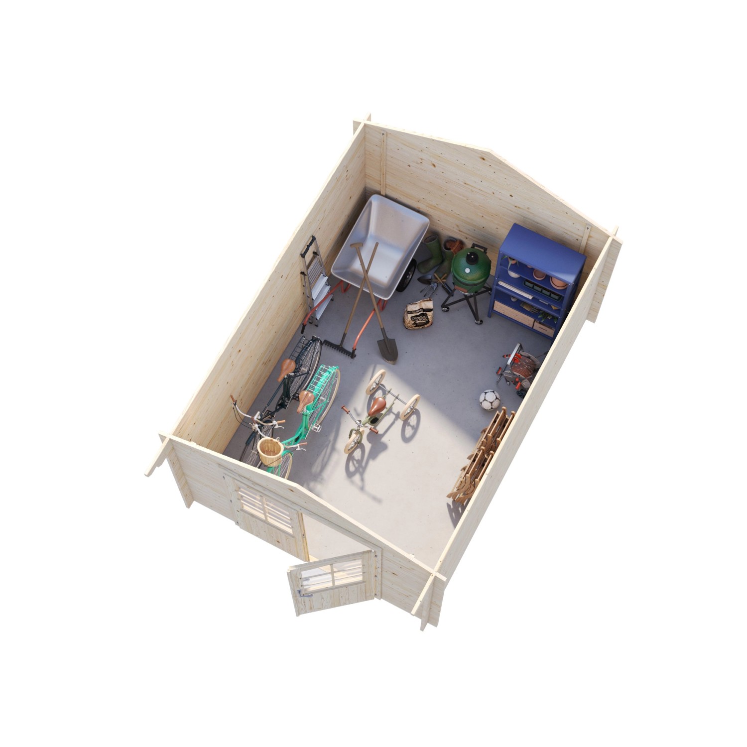 Innenansicht Palmako Gartenhaus Lotta: Fahrräder, Grill, Schubkarre und Werkzeug im Holz-Gartenhaus.