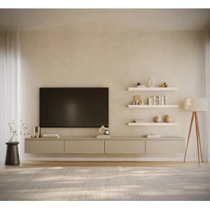 Selsey TV-Hängeboard Bemmi 300 cm in Kaschmirgrau. Modernes, schwebendes TV-Board mit vier Klappen für Stauraum.