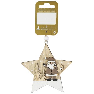 Holzstern mit Santa (10 cm) zum Aufhängen, Weihnachtsdekoration.