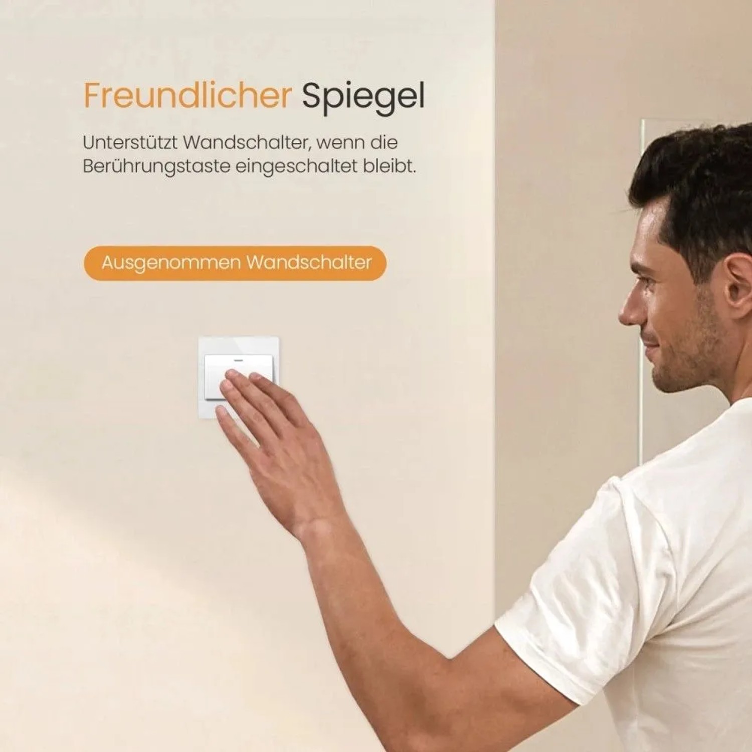 Hand betätigt Wandschalter zur Steuerung des Emke LED-Badspiegels. Einfache Bedienung des Spiegels.