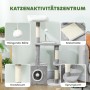 PawHut Kratzbaum Holz, grau-weiß, mit Sisalstämmen, Plüschhöhle, Kratzmatte, Plattformen und Spielbällen.