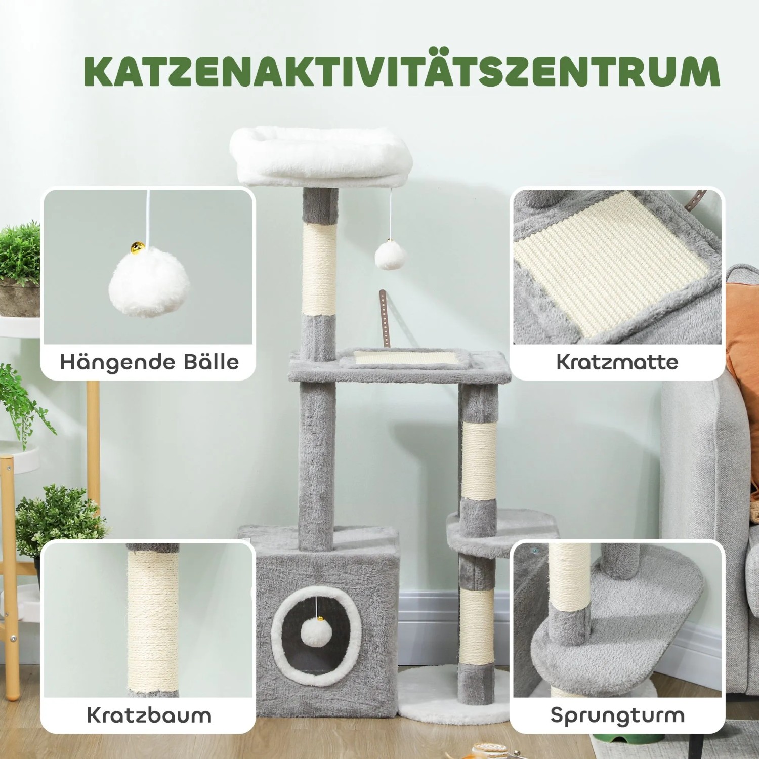 PawHut Kratzbaum Holz, grau-weiß, mit Sisalstämmen, Plüschhöhle, Kratzmatte, Plattformen und Spielbällen.