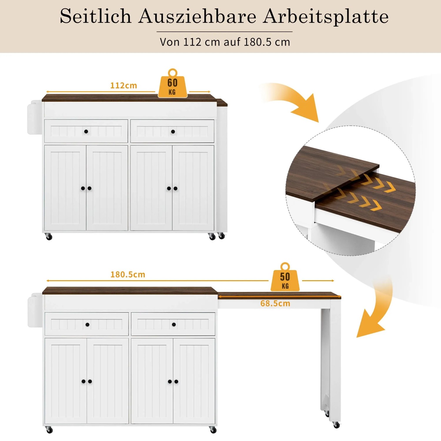 okwish Kücheninsel mit Ausziehfunktion Rollen Schubladen 112-180.5x45x92.2cm Weiß Braun_9