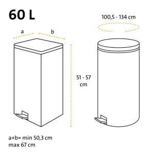 Abbildung der Maße von Swirl Müllbeuteln 60L mit Zugband, reißfest und dicht.