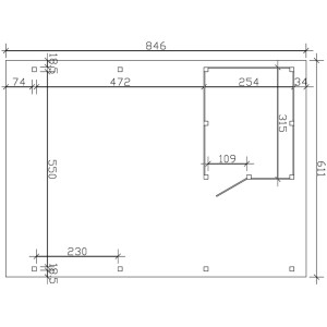 Skizze des Skan Holz Carport Spessart (611x846cm) mit Abstellraum, Maße in cm.