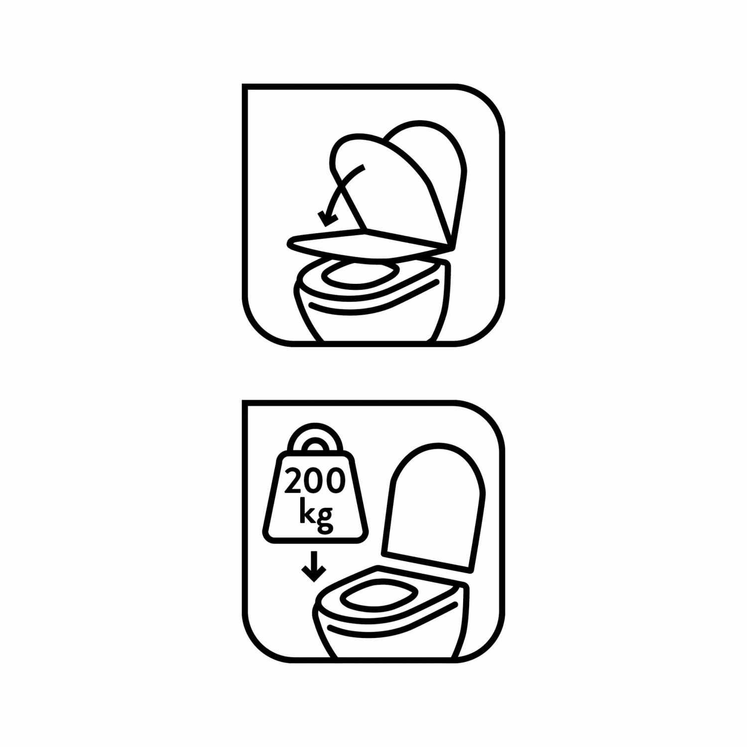 Icons: WC-Sitz mit Absenkautomatik und Belastbarkeit bis 200 kg.