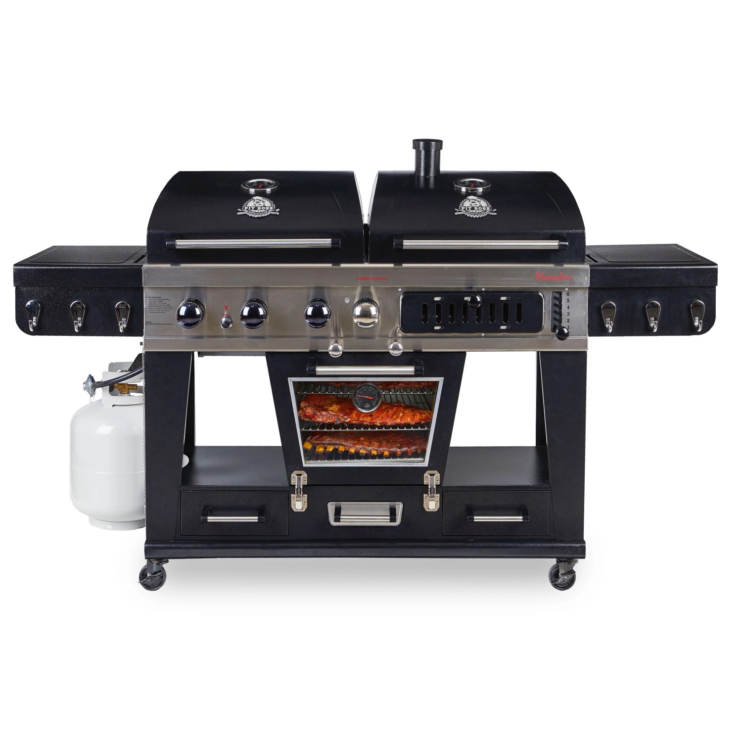 Pit Boss Memphis Ultimate Kombi-Grill mit Gas-, Holzkohle- und Smoker-Funktion.