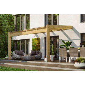 Unbehandelte Skan Holz Terrassenüberdachung Novara 450x259 cm mit klarer Doppelstegplatte.