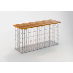 Gabiona Gabionenbank 105 cm mit Teakholz-Sitzfläche und Drahtgitter. Modernes Design für Garten und Terrasse.