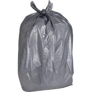 Grauer, gefüllter Schwerlast Abfallsack 240 l, zugebunden. Reißfester Müllsack für Haus, Garten und Industrie.