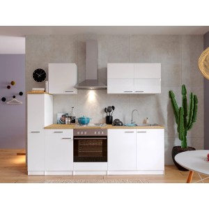 Weiße Respekta Küchenzeile KB240WW (240 cm) mit E-Geräten und Arbeitsplatte in Nussbaum-Optik.