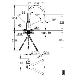 Technische Zeichnung: Grohe Concetto Einhand-Spültischbatterie, Maße und Details zur Installation.