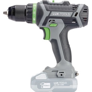 Grauer LUX-TOOLS 20V Akku-Bohrschrauber mit grünen Akzenten, 1 PowerSystem Akku, Schnellspannbohrfutter.