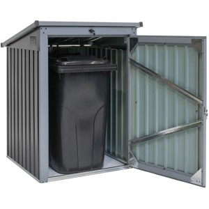 Westmann Müllbox, 1-fach, grau, mit geöffneter Tür und Mülltonne. Universalbox für den Garten.