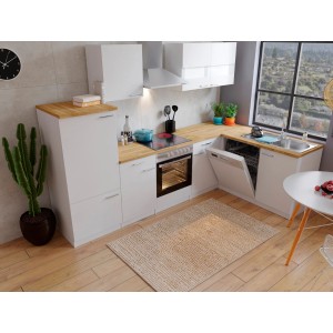 Respekta Winkelküche KBL280WWCG in Weiß und Nussbaum Butcher mit E-Geräten und Geschirrspüler.