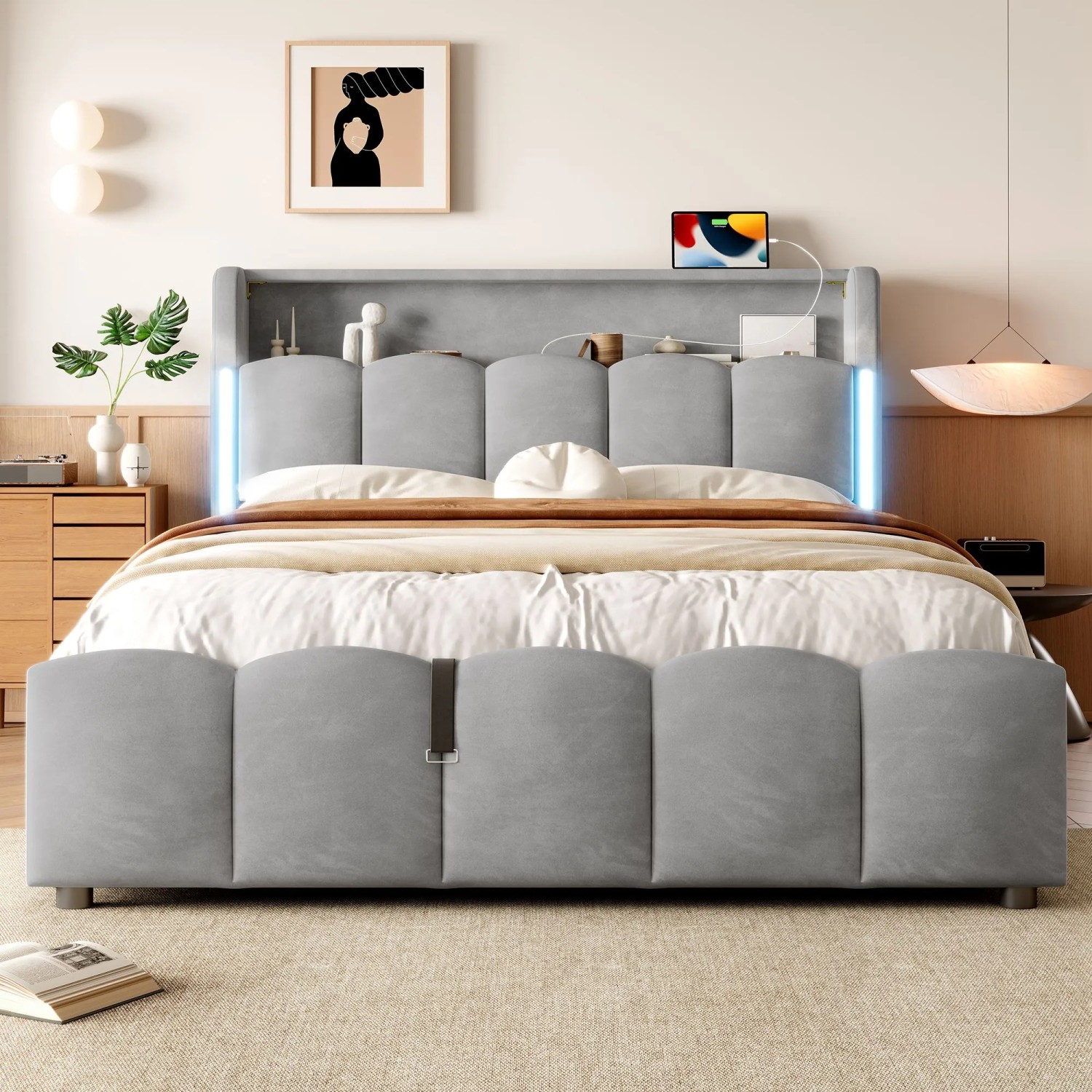 okwish Polsterbett 140x200cm mit LED Beleuchtung Schlafzimmer Grau ohne Matratze_4