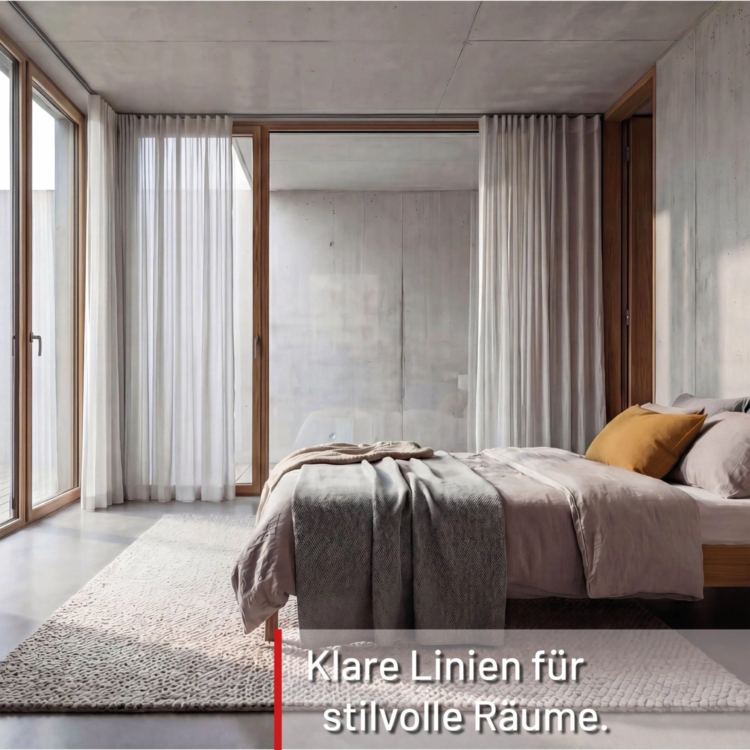Moderne Gardinenschiene mit hellen Vorhängen an großen Fenstern im Schlafzimmer. Stilvolle Raumgestaltung.