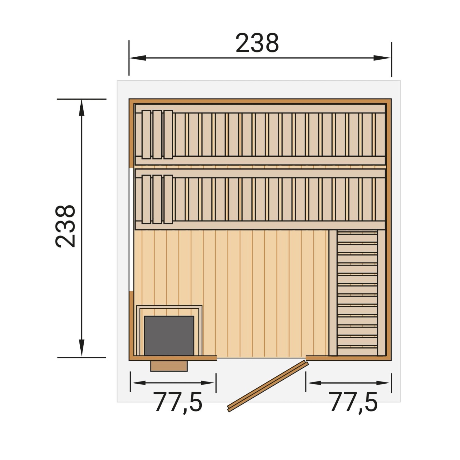 Grundriss Weka Design-Saunahaus Kuopio, Außenmaß 263x298 cm, mit Maßen und Anordnung der Bänke.