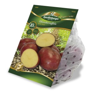 Quedlinburger Pflanzkartoffeln 'Baltic Rose' im Sack, rotschalig, gelbfleischig.