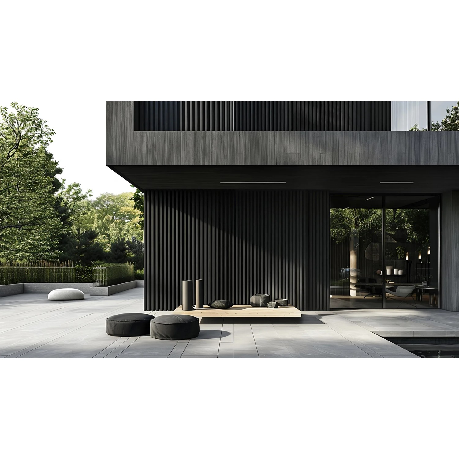 Moderne Hausfassade mit WPC Fassadenverkleidung DUVAR in Anthrazit. Holzoptik, vertikale Paneele.