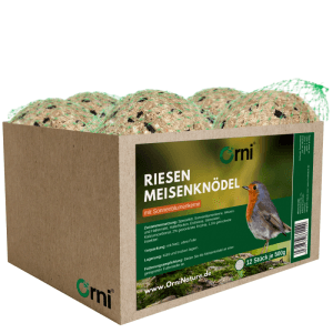 Orni Riesenmeisenknödel mit Sonnenblumenkernen im Netz, 12er-Pack in Karton für Wildvogelfutter.