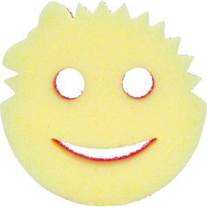 Pinker Scrub Mommy Reinigungsschwamm in Smiley-Form für Küche und Haushalt.