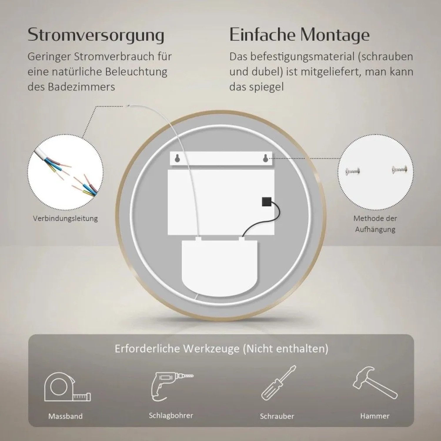 Montageanleitung für Emke Rund LED Badspiegel. Zeigt Stromanschluss, Aufhängung und Werkzeuge wie Bohrer, Schrauber.