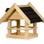 Helles Vogelhaus aus Kiefernholz mit schwarzem Bitumen-Spitzdach. Offener Futterplatz für Wildvögel.