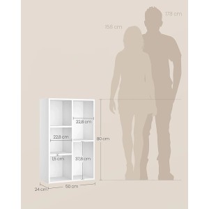 Weißes Songmics Bücherregal Custos mit 5 Fächern und Maßangaben.