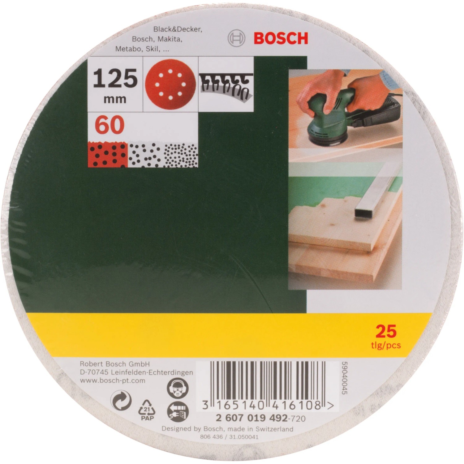 Bosch Schleifblatt-Set, 25 Stück, Körnung K60, Ø 125 mm, für Exzenterschleifer.