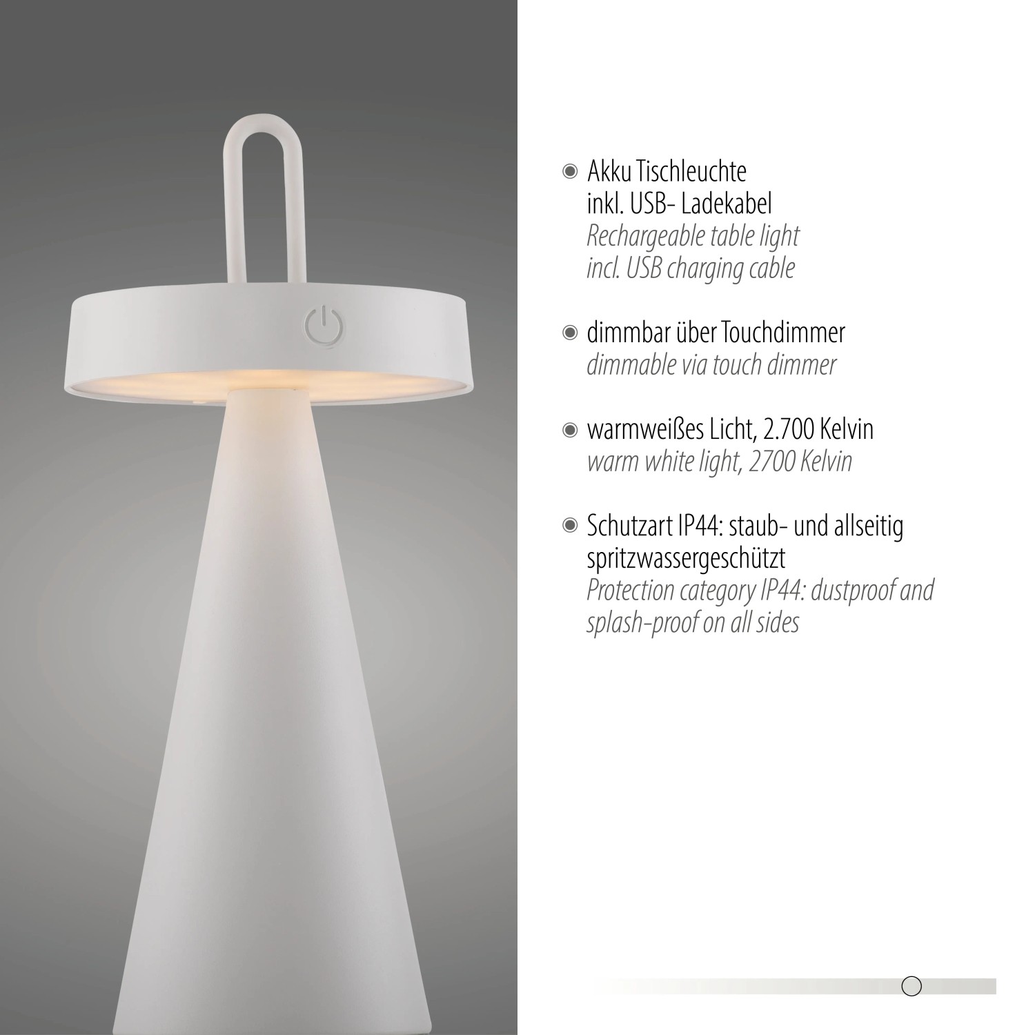 Weiße LED-Akku-Tischleuchte Alwa, dimmbar, für Innen & Außen. Dekoleuchte mit USB-Ladekabel.