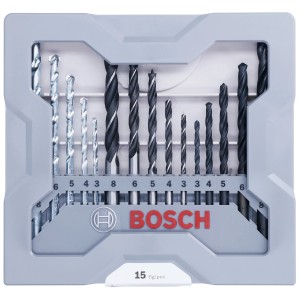 Bosch Bohrer-Set, 15-teilig, mit Metall-, Holz- und Steinbohrern von 3-8 mm im Koffer.