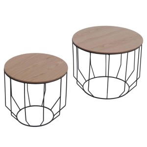 2er-Set Couchtische im Industrial Design: Metallgestell, Eiche-Optik. Wohnzimmertische in zwei Größen.