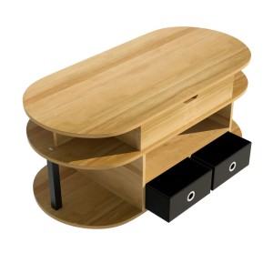 Ovaler Couchtisch Naturholz mit Hebefunktion, Stauraum und zwei schwarzen Stoffschubladen. Moderner Wohnzimmertisch.