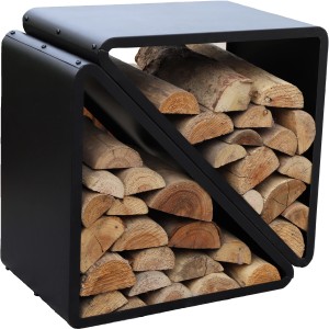 Schwarzes Westmann Kaminholzregal (57x36x56cm) mit gestapeltem Holz.