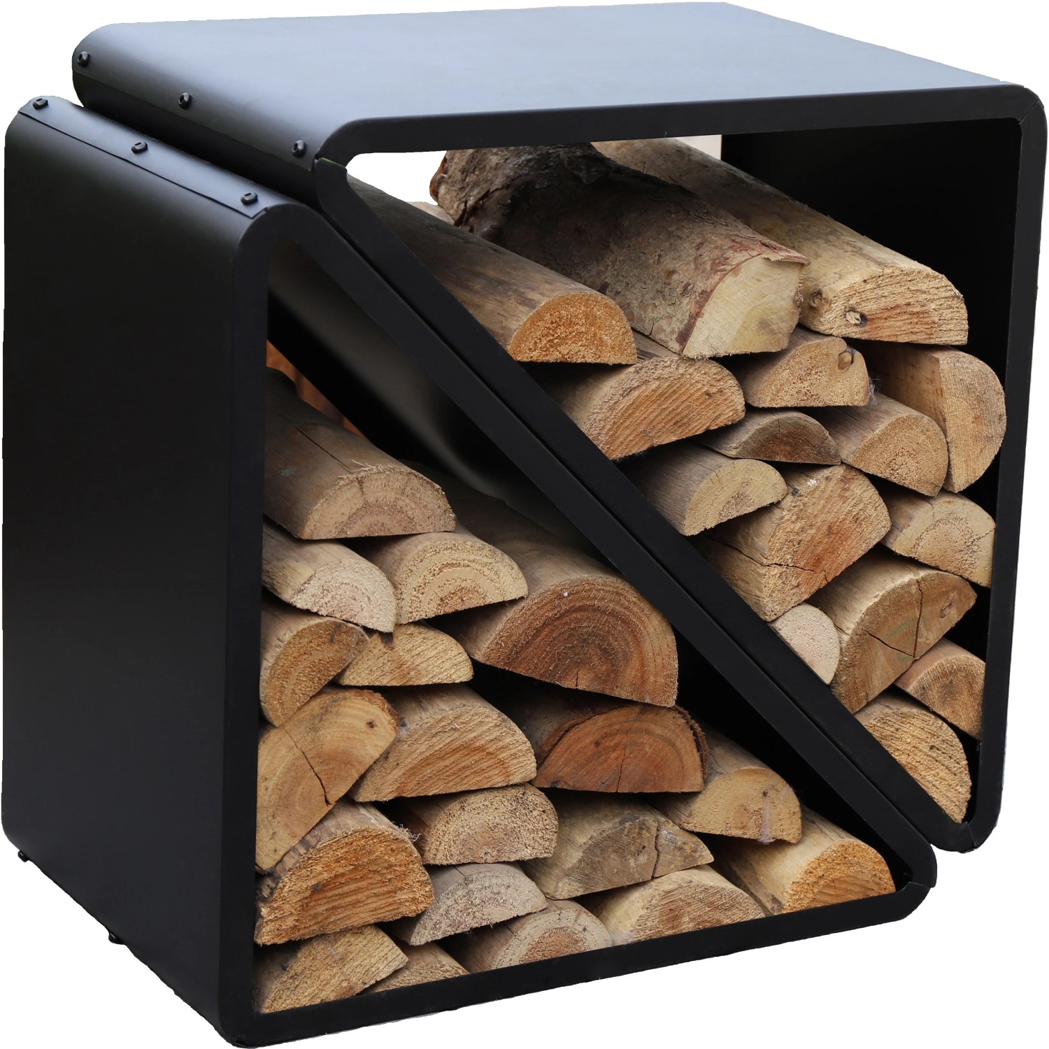 Schwarzes Westmann Kaminholzregal (57x36x56cm) mit gestapeltem Holz.
