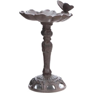 Braune Vogeltränke aus Gusseisen mit Schmetterling und Standfuß, 27 cm hoch. Gartendekoration.