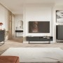 Schwarzes Selsey Sideboard Veldio 140 cm mit 3 geriffelten Schubladen und schwarzen Beinen. Moderne Kommode.