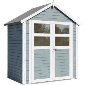 Graues Bertilo Gartenhaus Visby mit Doppeltür und Satteldach, 121x181 cm, aus Holz.