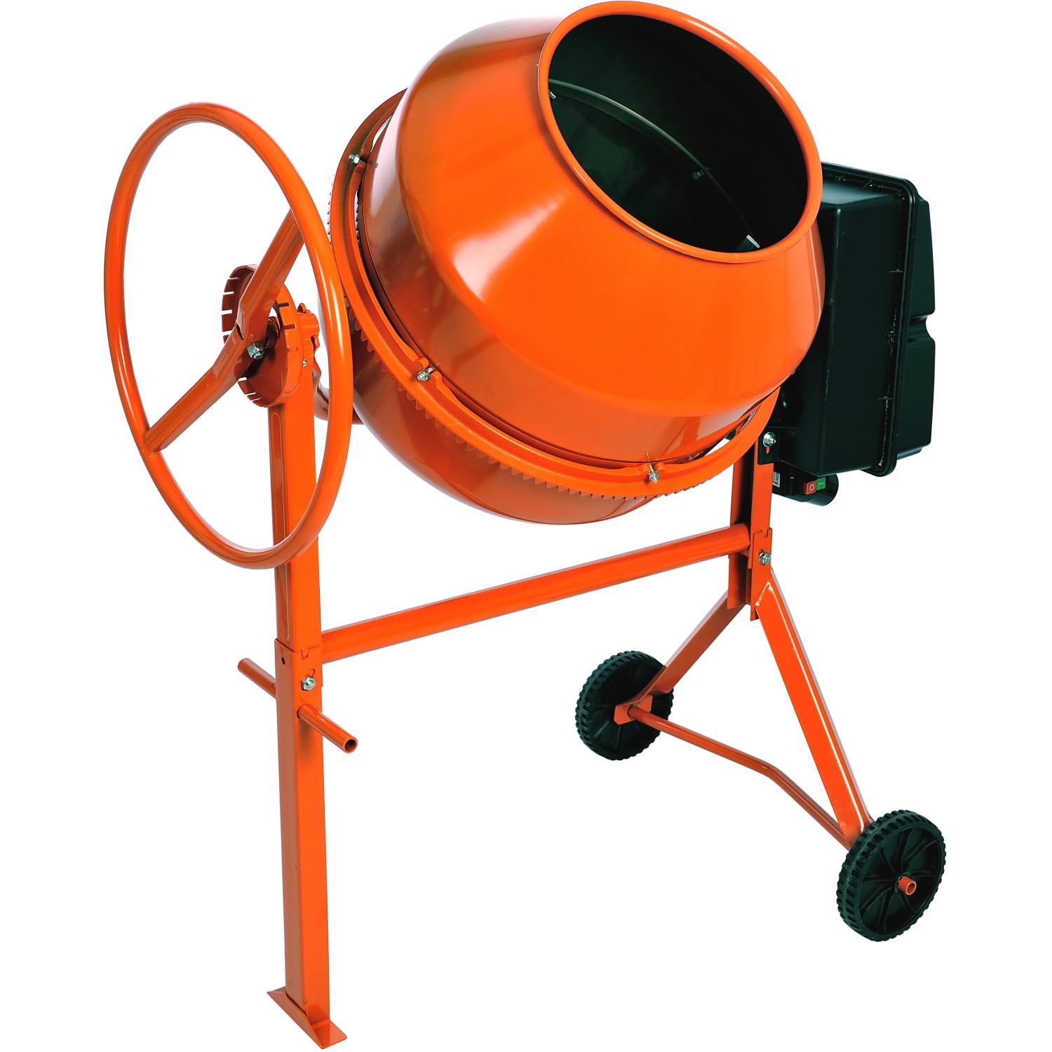 Oranger Betonmischer MLZ 130 NG mit 130 l Trommelvolumen und Rädern.