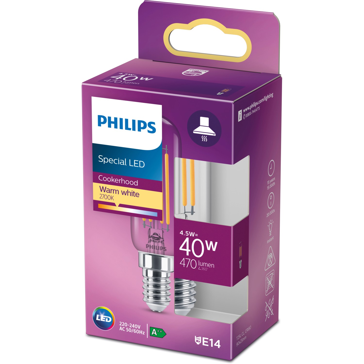 Philips LED E14 Leuchtmittel, 4,5W, warmweiß, 470 Lumen, 9x2,5cm, in Verpackung.