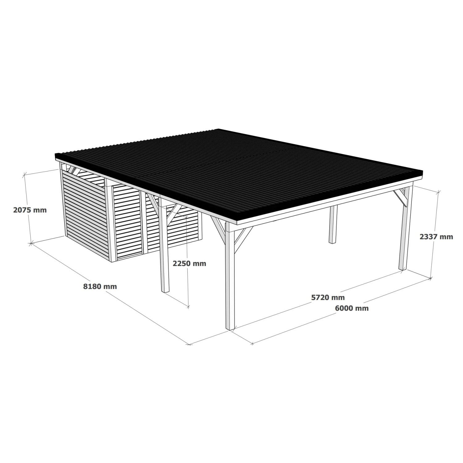 Holzbrüder Doppelcarport Ralf mit Geräteraum, weißes Holz, dornengrünes Dach, Maße eingezeichnet.
