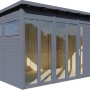 Modernes, anthrazitfarbenes Bertilo Gartenhaus Pentus 3 Office mit Fenster und Tür.