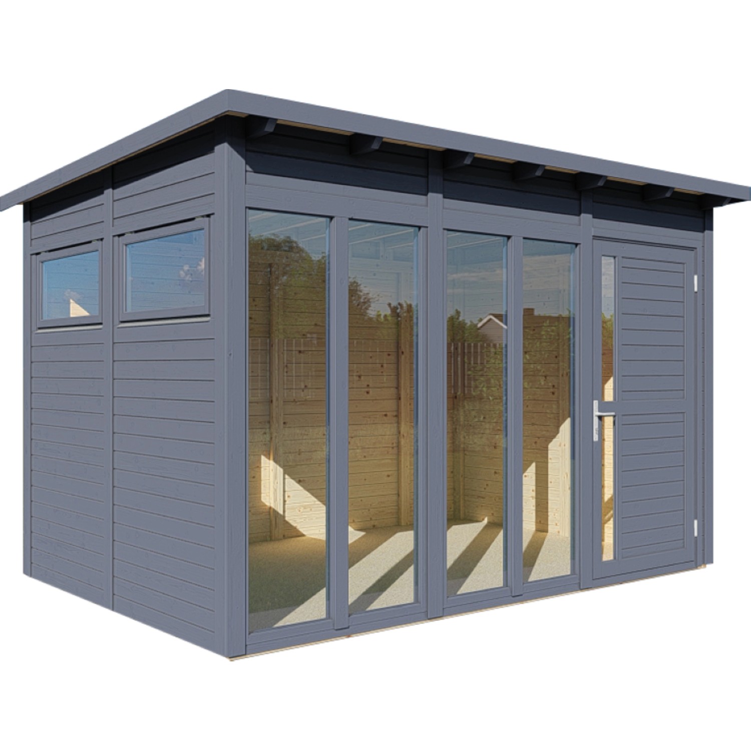 Modernes, anthrazitfarbenes Bertilo Gartenhaus Pentus 3 Office mit Fenster und Tür.