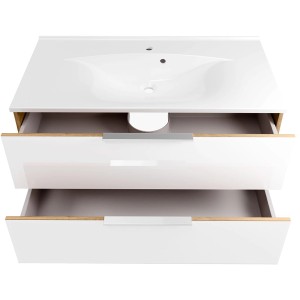 Fackelmann Waschplatz-Set B.Brillant, 100 cm, Asteiche/Weiß: Gussmarmor-Waschtisch mit Unterschrank und zwei Schubladen.