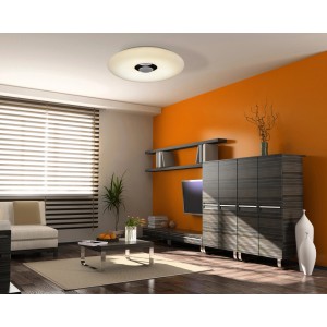 Weiße LED-Deckenleuchte Nashville von Näve im Wohnzimmer, dimmbar mit Bluetooth Lautsprecher.