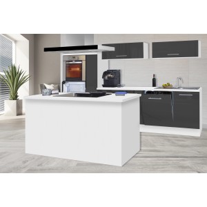Respekta Premium Inselküche, 310 cm, Grau Hochglanz/Weiß, mit Kochinsel und Elektrogeräten.