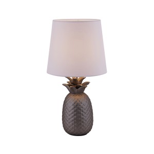 Näve Tischleuchte in Silber mit Ananas-Fuß und weißem Schirm, 45 cm hoch.